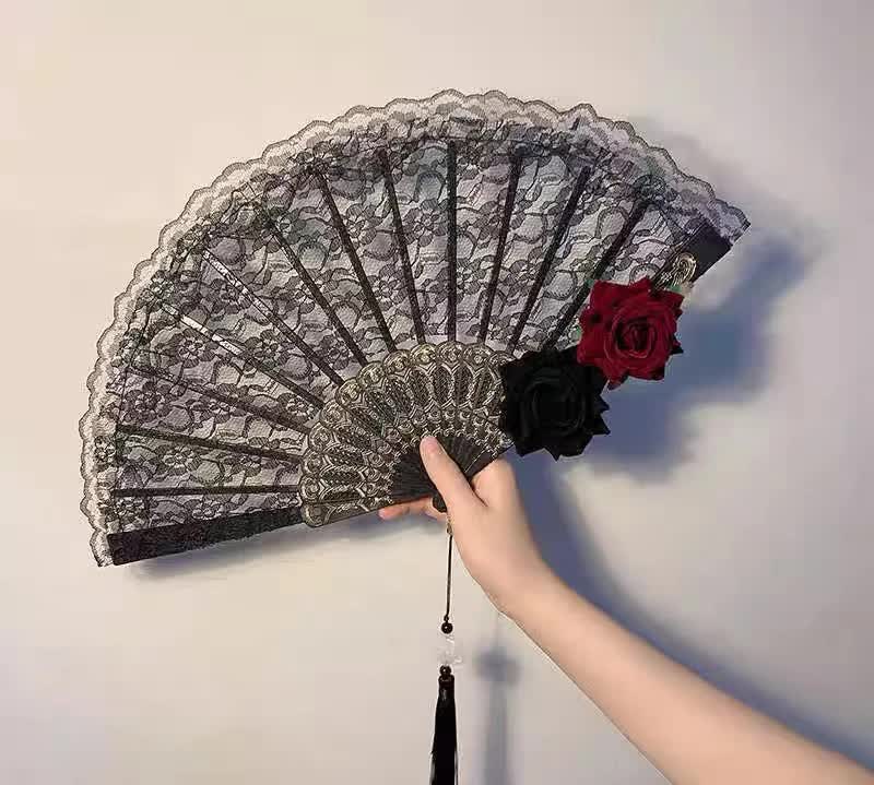 2 Pack White lace, white roses Vintage Lace Folding Fans Gothic Palace Style with Rose Cross Tassels for Tea Party Cosplay and Photo Props - Image 2