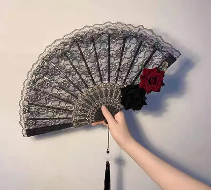 2 Pack Black Lace Burgundy Rose Vintage Lace Folding Fans Gothic Palace Style with Rose Cross Tassels for Tea Party Cosplay and Photo Props - Image 2