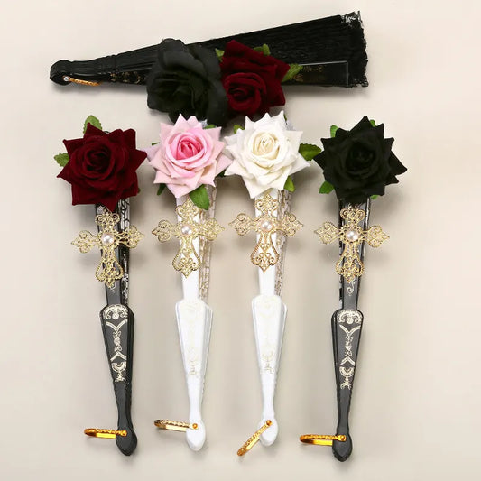 2 Pack Black Lace Burgundy Rose Vintage Lace Folding Fans Gothic Palace Style with Rose Cross Tassels for Tea Party Cosplay and Photo Props - Image 4