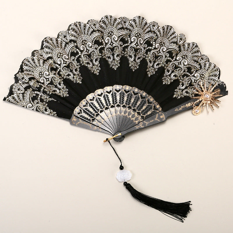 2 Pack Black Sunflower with Gold Foil Stamping Vintage Lace Folding Fans Gothic Palace Style with Rose Cross Tassels for Tea Party Cosplay and Photo Props