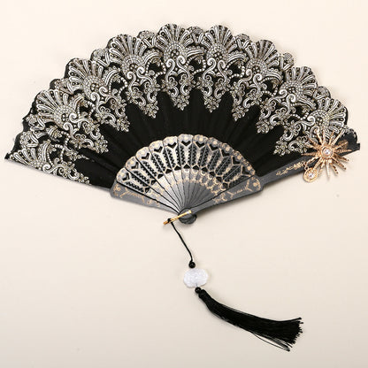 2 Pack Black Sunflower with Gold Foil Stamping Vintage Lace Folding Fans Gothic Palace Style with Rose Cross Tassels for Tea Party Cosplay and Photo Props