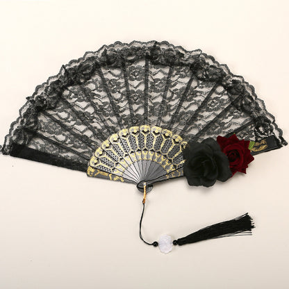2 Pack Double Rose Obscur Vintage Lace Folding Fans Gothic Palace Style with Rose Cross Tassels for Tea Party Cosplay and Photo Props