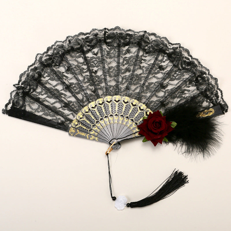 2 Pack Black Feather Wine-Red Rose Lace Vintage Lace Folding Fans Gothic Palace Style with Rose Cross Tassels for Tea Party Cosplay and Photo Props