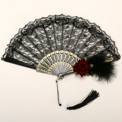 2 Pack Black Feather Wine-Red Rose Lace Vintage Lace Folding Fans Gothic Palace Style with Rose Cross Tassels for Tea Party Cosplay and Photo Props