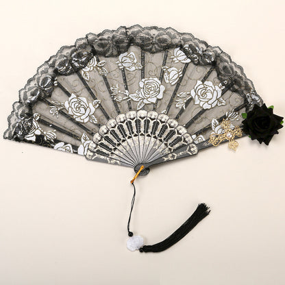 2 Pack Black Lace Black Rose Cross Vintage Lace Folding Fans Gothic Palace Style with Rose Cross Tassels for Tea Party Cosplay and Photo Props