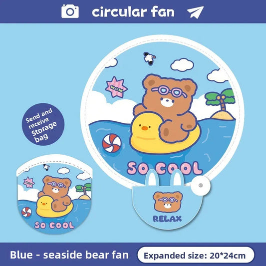 5 Pack Blue Seaside Bear Cute Cartoon Folding Hand Fans Portable Mini Circular Fans 20x24cm for Aussie Summer Outdoor Travel with Matching Storage Pouches for Kids and Adults