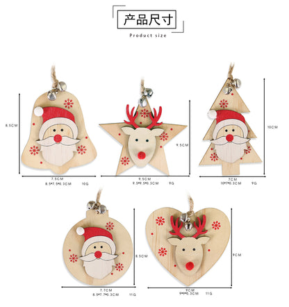 5 SET Rustic Wooden Christmas Hanging Ornaments with Bells - Santa, Reindeer, Tree & More (5 Designs) - Image 3