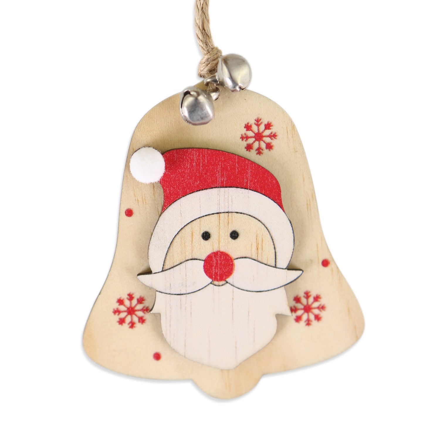 5 SET Rustic Wooden Christmas Hanging Ornaments with Bells - Santa, Reindeer, Tree & More (5 Designs) - Image 4