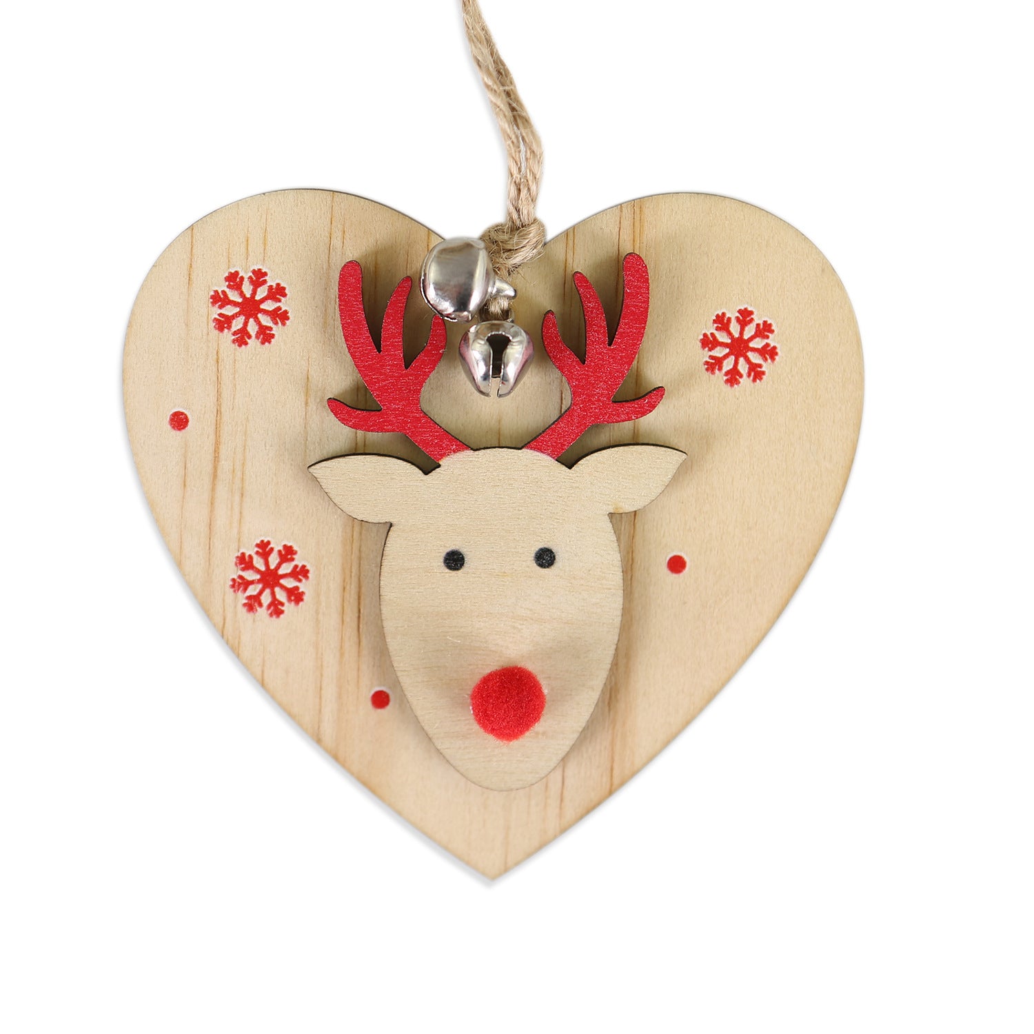 5 SET Rustic Wooden Christmas Hanging Ornaments with Bells - Santa, Reindeer, Tree & More (5 Designs) - Image 5
