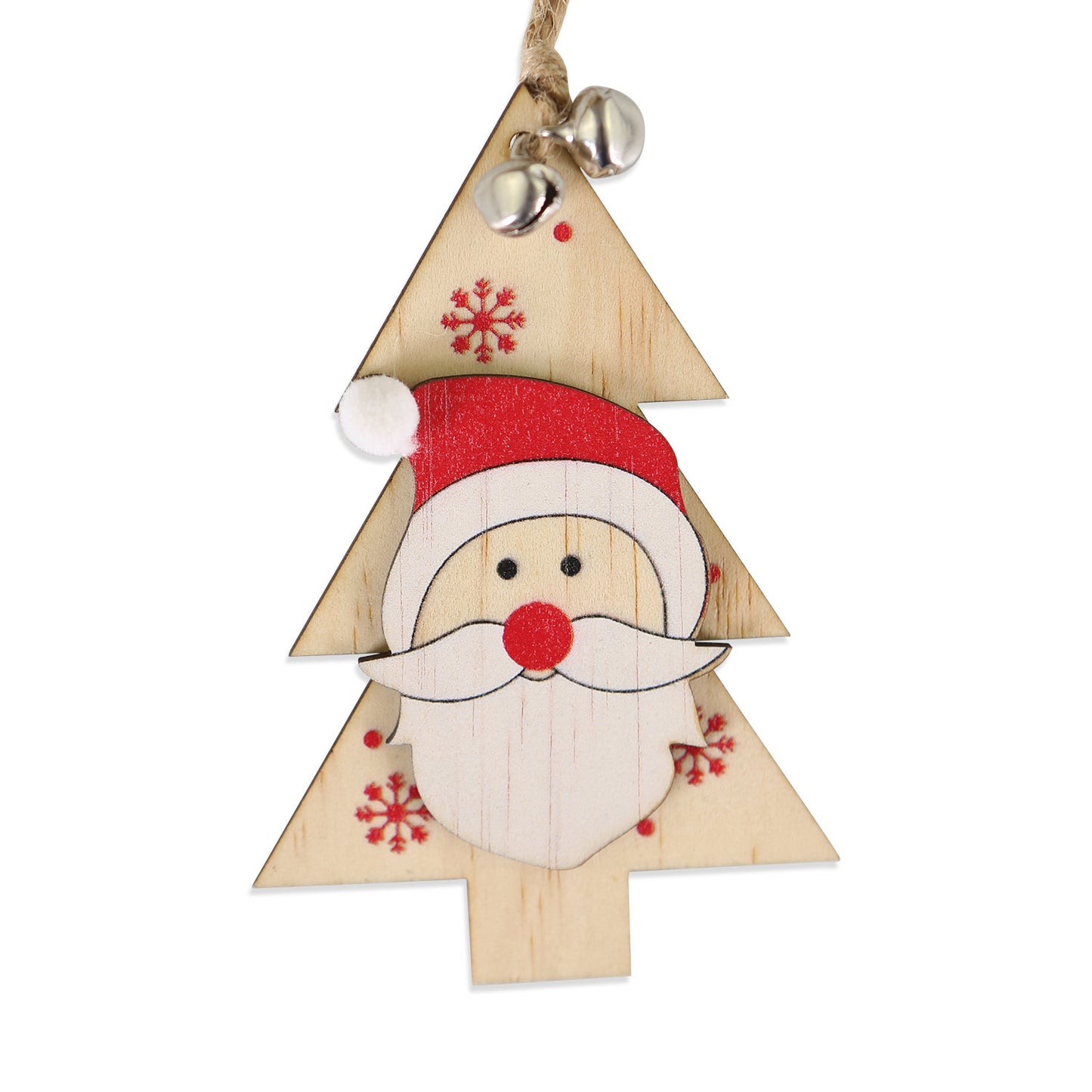 5 SET Rustic Wooden Christmas Hanging Ornaments with Bells - Santa, Reindeer, Tree & More (5 Designs) - Image 6