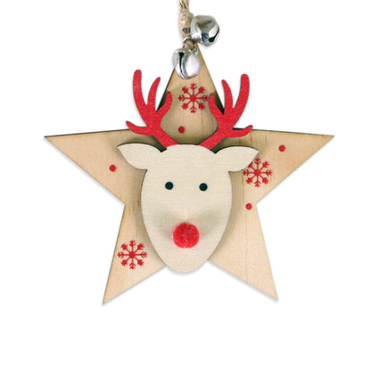 5 SET Rustic Wooden Christmas Hanging Ornaments with Bells - Santa, Reindeer, Tree & More (5 Designs) - Image 8