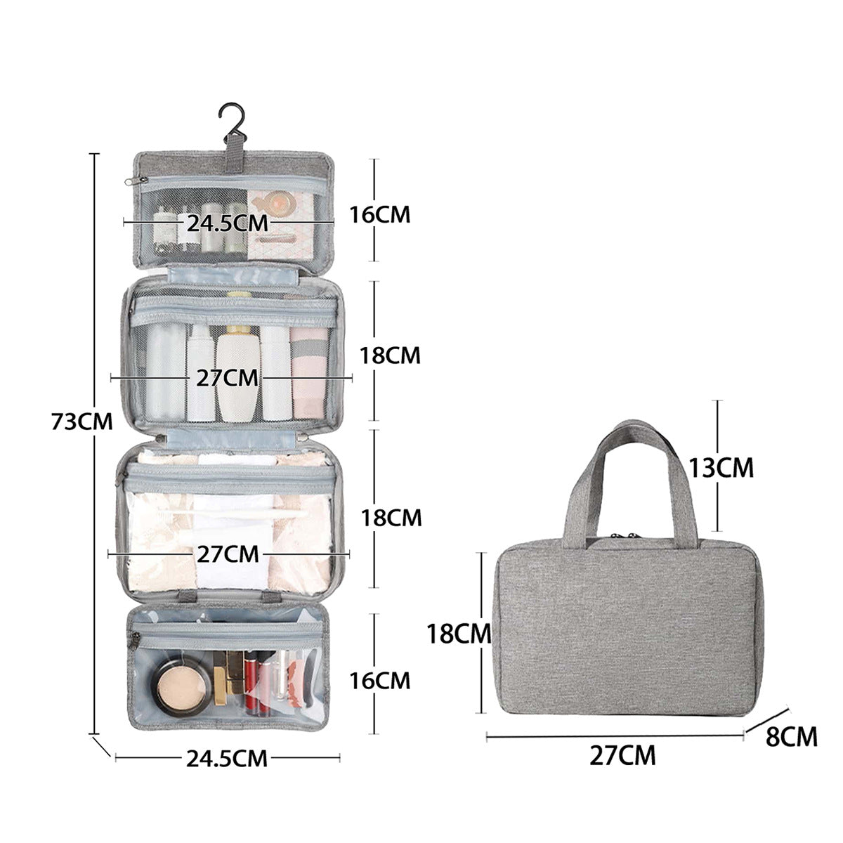 Gray Waterproof 4-Fold Hanging Toiletry Bag with Wet/Dry Separation for Australian Travel & Cosmetics - Image 3