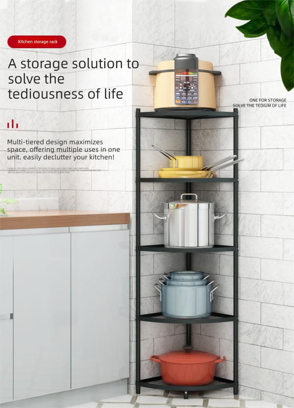 5-Tier Kitchen Corner Shelf Stand - Heavy Duty Carbon Steel Pot & Pan Organiser - Rust Resistant Freestanding Storage Rack for Small Spaces - Image 2