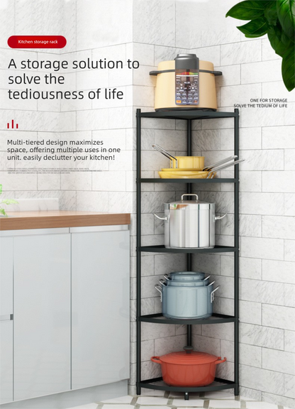 5-Tier Kitchen Corner Shelf Stand - Heavy Duty Carbon Steel Pot & Pan Organiser - Rust Resistant Freestanding Storage Rack for Small Spaces - Image 2
