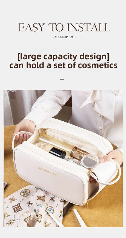 Black Large Capacity PU Leather Makeup Bag Dual Zipper Cosmetic Case Waterproof Travel Toiletry Organiser with Brush Compartment - Image 8