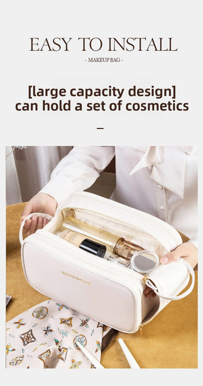 Black Large Capacity PU Leather Makeup Bag Dual Zipper Cosmetic Case Waterproof Travel Toiletry Organiser with Brush Compartment - Image 8