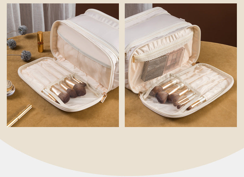 White Large Capacity PU Leather Makeup Bag Dual Zipper Cosmetic Case Waterproof Travel Toiletry Organiser with Brush Compartment - Image 2