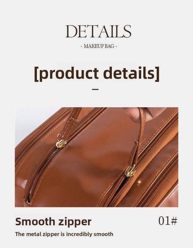 White Large Capacity PU Leather Makeup Bag Dual Zipper Cosmetic Case Waterproof Travel Toiletry Organiser with Brush Compartment - Image 4