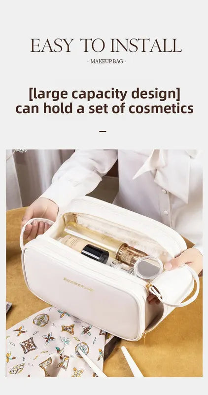 White Large Capacity PU Leather Makeup Bag Dual Zipper Cosmetic Case Waterproof Travel Toiletry Organiser with Brush Compartment - Image 8