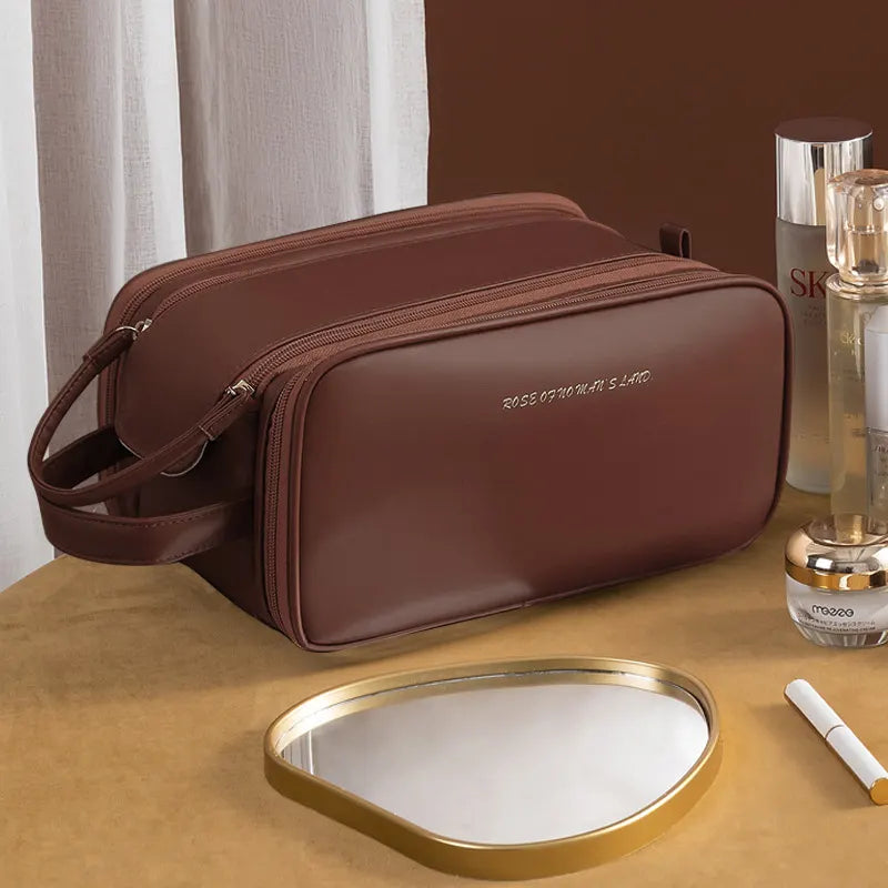 Brown Large Capacity PU Leather Makeup Bag Dual Zipper Cosmetic Case Waterproof Travel Toiletry Organiser with Brush Compartment