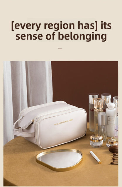 Brown Large Capacity PU Leather Makeup Bag Dual Zipper Cosmetic Case Waterproof Travel Toiletry Organiser with Brush Compartment - Image 5