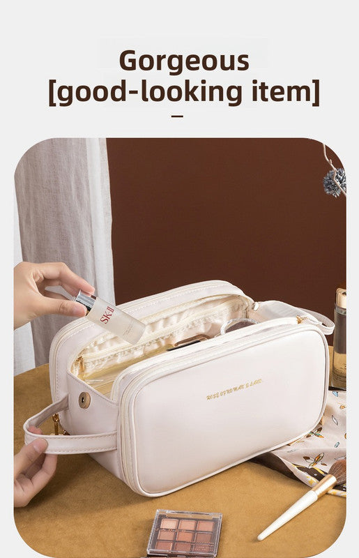Brown Large Capacity PU Leather Makeup Bag Dual Zipper Cosmetic Case Waterproof Travel Toiletry Organiser with Brush Compartment - Image 6