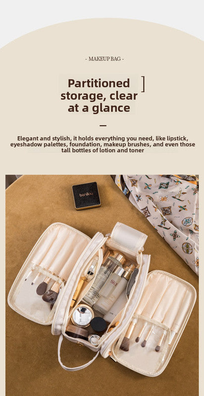 Brown Large Capacity PU Leather Makeup Bag Dual Zipper Cosmetic Case Waterproof Travel Toiletry Organiser with Brush Compartment - Image 9