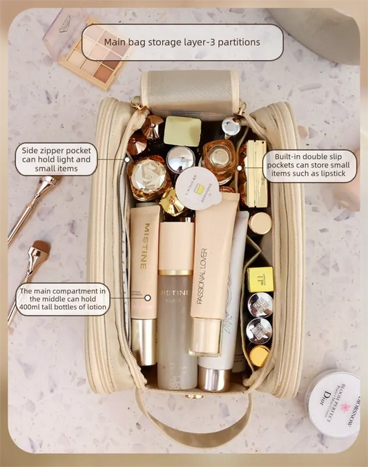 Luxury Camel Colour Large Capacity Makeup Bag – 3-Layer Double Zipper Travel Toiletry Organizer with Waterproof TPU Brush Holders - Image 2