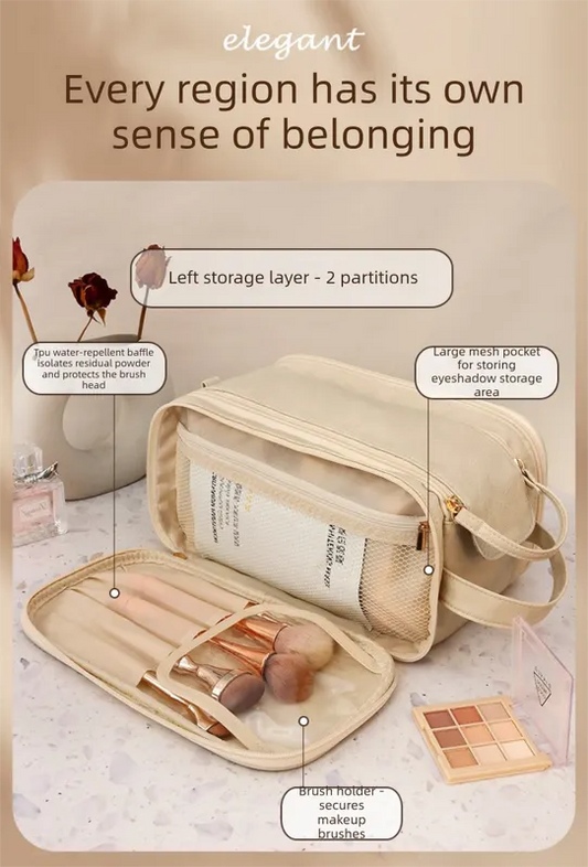 Large Pink PU Leather Makeup Bag Dual Zipper Cosmetic Travel Case Waterproof Toiletry Organiser with Brush Compartment - Image 3