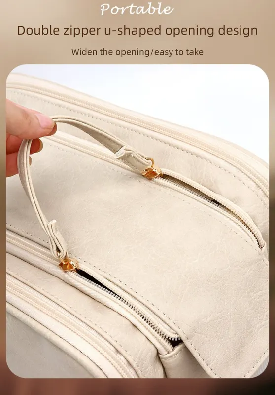 Large Pink PU Leather Makeup Bag Dual Zipper Cosmetic Travel Case Waterproof Toiletry Organiser with Brush Compartment - Image 5
