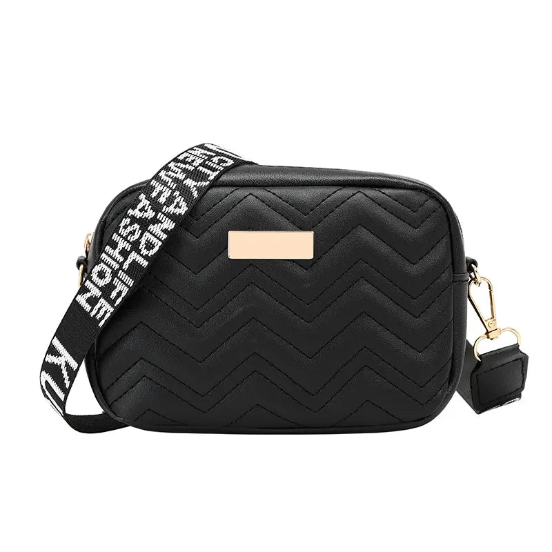Women's Black Quilted Crossbody Bag Small PU Leather Shoulder Purse with Wide Patterned Strap Ideal for Travel and Daily Use
