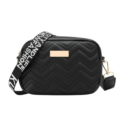 Women's Black Quilted Crossbody Bag Small PU Leather Shoulder Purse with Wide Patterned Strap Ideal for Travel and Daily Use