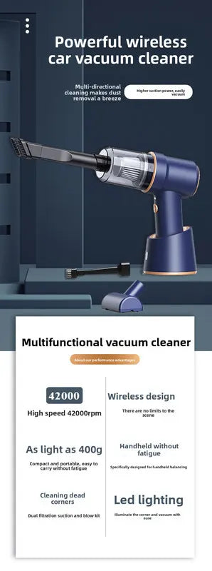 2-in-1 Cordless Handheld Car Vacuum Cleaner 120W High Power Suction and Blower Portable Mini Duster for Auto and Home Blue - Image 2