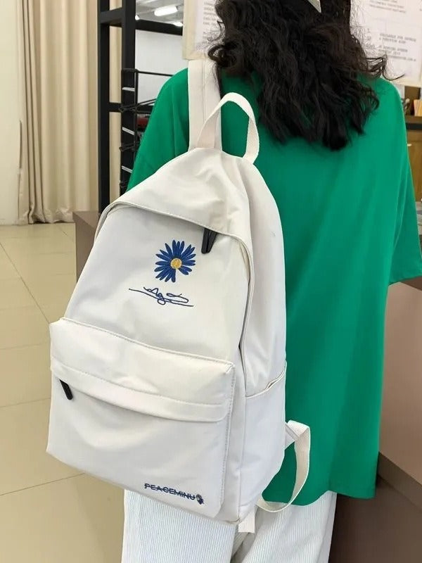 Daisy Embroidered Waterproof Backpack School Bag White Nylon Laptop Daypack for High School Uni and Travel - Image 2