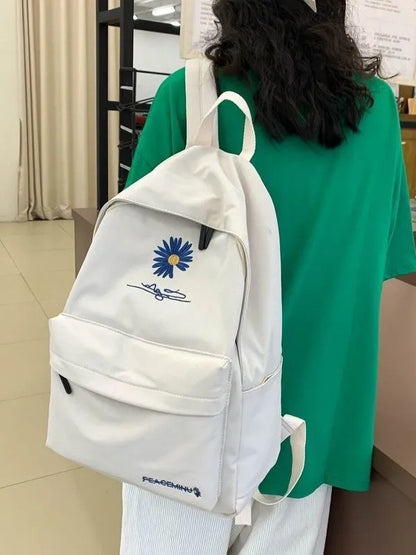 Daisy Embroidered Waterproof Backpack School Bag White Nylon Laptop Daypack for High School Uni and Travel - Image 2