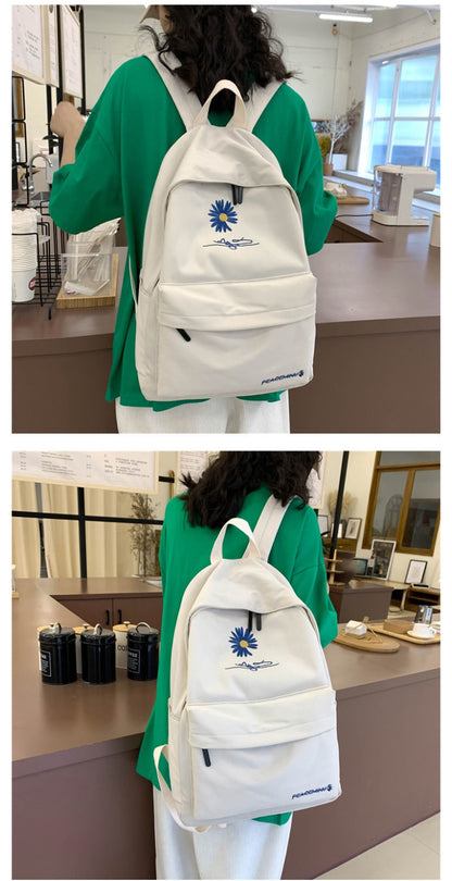 Daisy Embroidered Waterproof Backpack School Bag White Nylon Laptop Daypack for High School Uni and Travel - Image 3