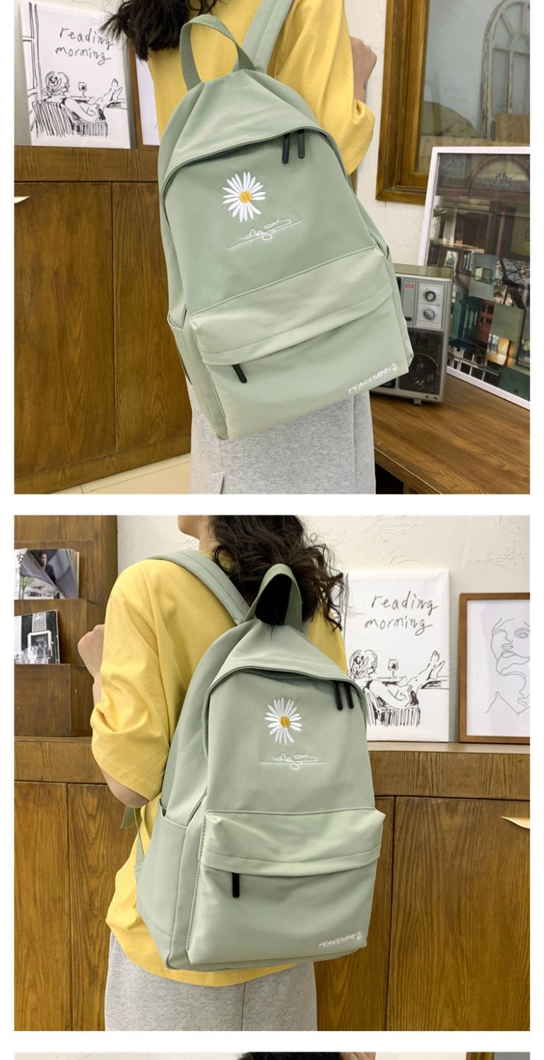 Daisy Embroidered Waterproof Backpack School Bag Green Nylon Laptop Daypack for High School Uni and Travel - Image 2