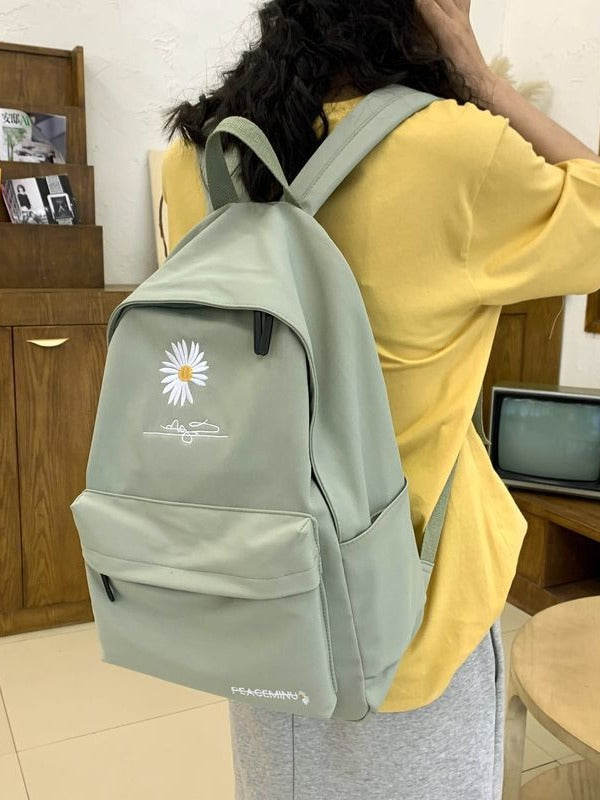 Daisy Embroidered Waterproof Backpack School Bag Green Nylon Laptop Daypack for High School Uni and Travel - Image 3