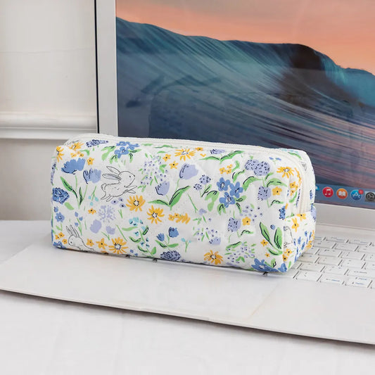 3SET Quilted Floral Makeup Bag Collection Cute Rabbit Pattern Cosmetic Pouch &Travel Toiletry Organizer & Pencil Case for School and Home - Image 4