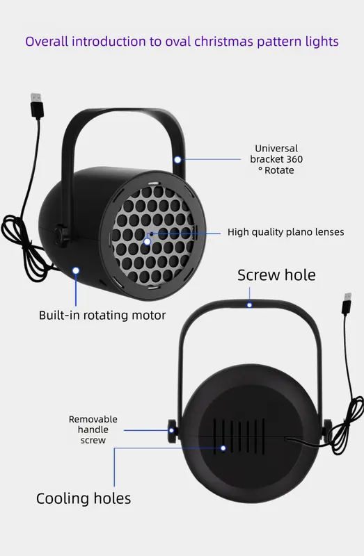 Black Christmas LED Projector Light Portable USB Holiday Atmosphere Lamp with 360 Degree Rotating Stand for Indoor Home and Party Decoration Santa Snowman Patterns - Image 2