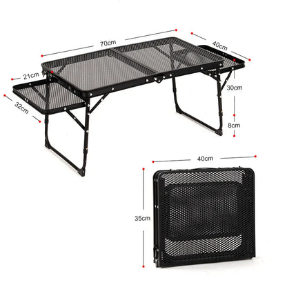 Black Portable Camping Table Heat Resistant Steel Mesh Top Foldable BBQ Desk with Side Wings Adjustable Height Aluminium Frame for Outdoor Picnic