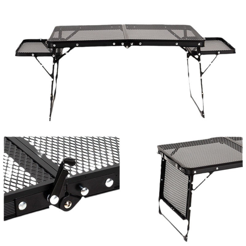 Black Portable Camping Table Heat Resistant Steel Mesh Top Foldable BBQ Desk with Side Wings Adjustable Height Aluminium Frame for Outdoor Picnic - Image 2