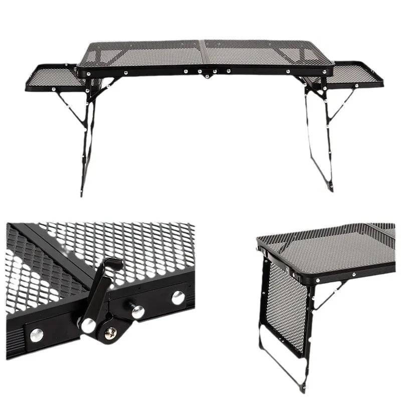 Black Portable Camping Table Heat Resistant Steel Mesh Top Foldable BBQ Desk with Side Wings Adjustable Height Aluminium Frame for Outdoor Picnic - Image 2