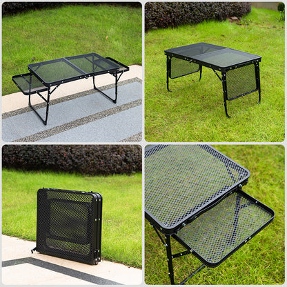 Black Portable Camping Table Heat Resistant Steel Mesh Top Foldable BBQ Desk with Side Wings Adjustable Height Aluminium Frame for Outdoor Picnic - Image 4