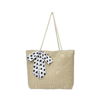 Khaki Women's Straw Woven Tote Bag Summer Daisy Embroidery Shoulder Handbag with Ribbon Scarf  - Image 2