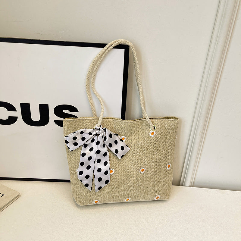 Khaki Women's Straw Woven Tote Bag Summer Daisy Embroidery Shoulder Handbag with Ribbon Scarf  - Image 3