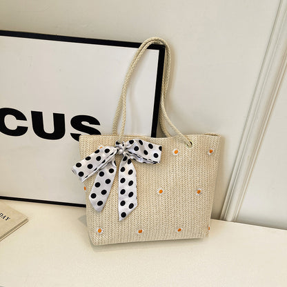 White Women's Straw Woven Tote Bag Summer Daisy Embroidery Shoulder Handbag with Ribbon Scarf  - Image 2