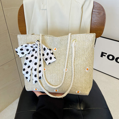 White Women's Straw Woven Tote Bag Summer Daisy Embroidery Shoulder Handbag with Ribbon Scarf  - Image 3