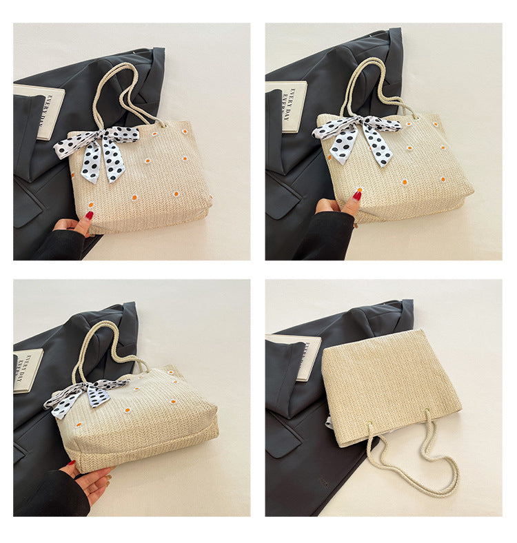 White Women's Straw Woven Tote Bag Summer Daisy Embroidery Shoulder Handbag with Ribbon Scarf  - Image 4