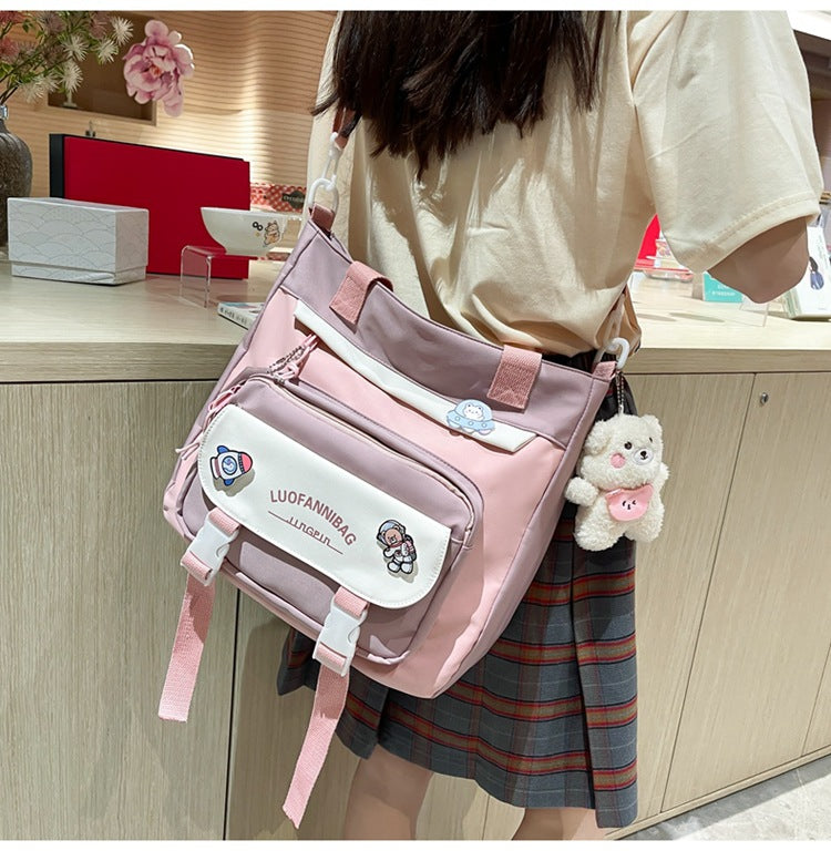 Women's Kawaii Blue Shoulder Bag with Cute Bear Plush Charm and 4 Badges Large Capacity Nylon Tote School Handbag - Image 3